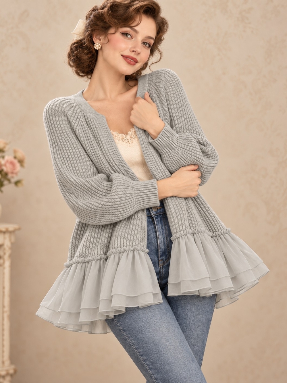 MODCLOTH GREY TULLE TRIM SWEATER CARDIGAN SZ L